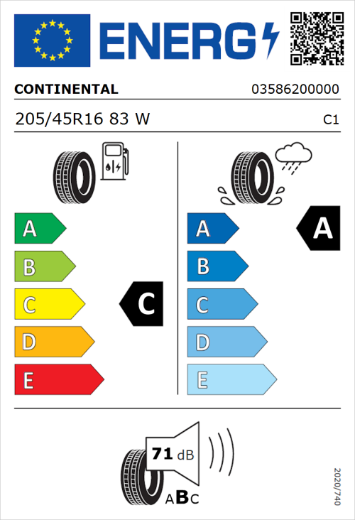 Tyre Label for Continental PremiumContact 6 205/45R16 83W